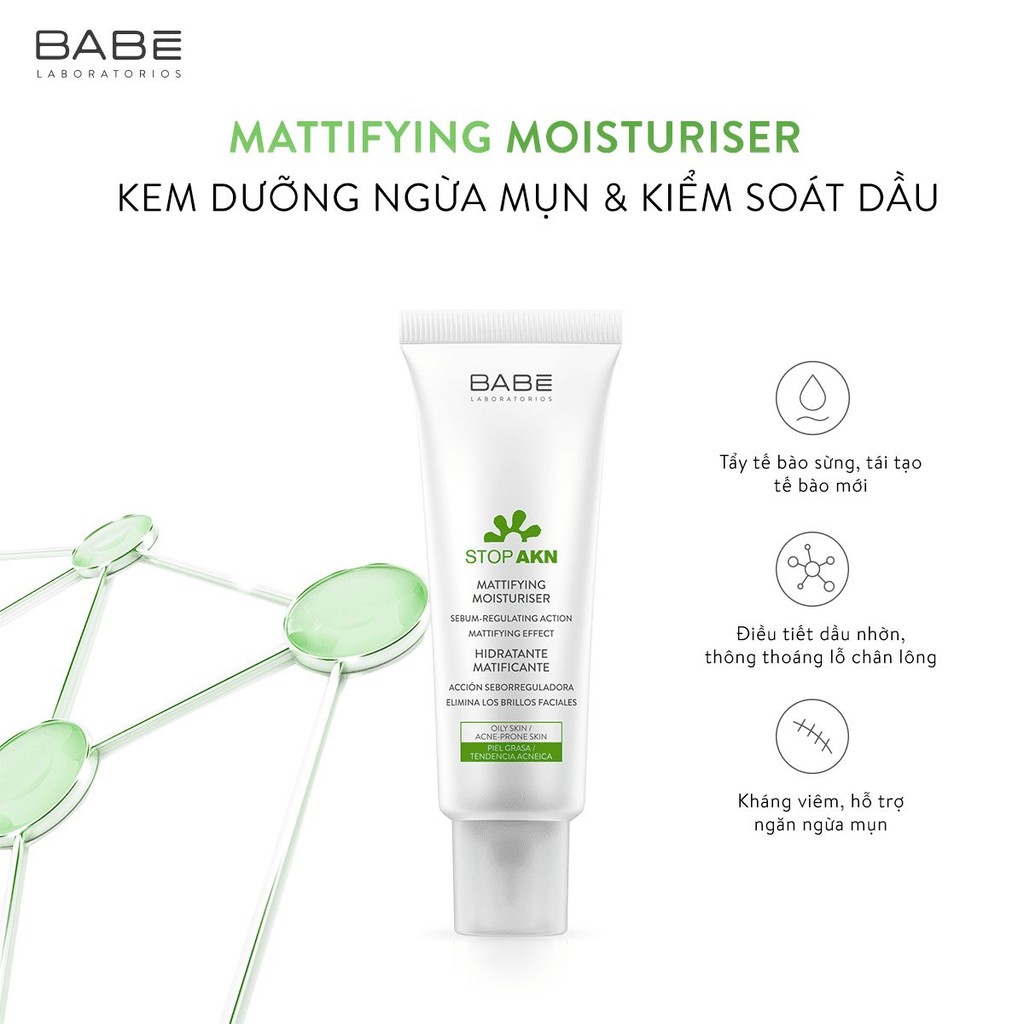 Kem dưỡng ẩm giảm nhờn ngừa mụn BABE Stop AKN Mattifying Moisturiser 50ml