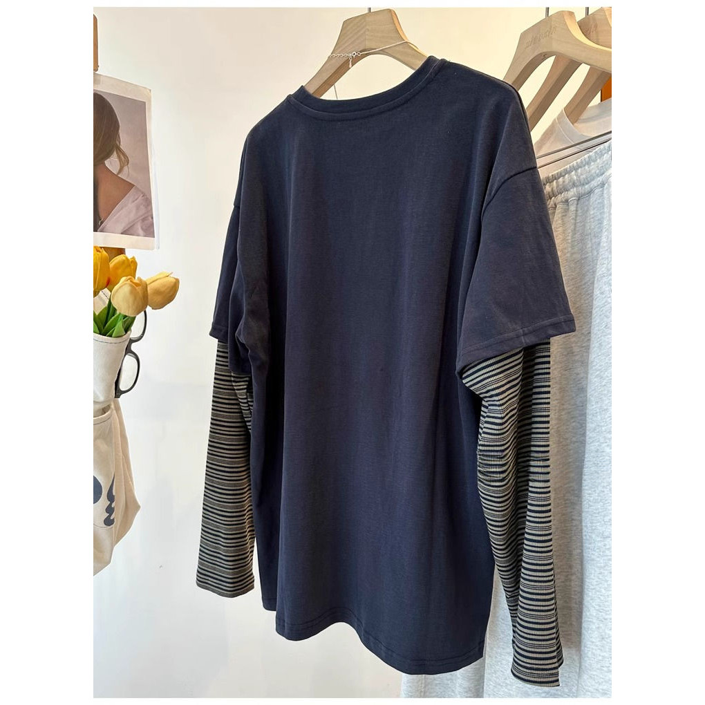 Áo phông ghép đôi dài tay kẻ sọc giả Size Lớn Hàn Quốc Milyfashion áo tôn dáng gầy rộng rãi mùa thu cho nữ