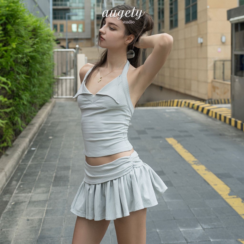 Set Áo Yếm Cột Nơ Và Váy Ngắn Xòe Hai Tầng Kẻ Sọc Augety Studio, NADIA SET