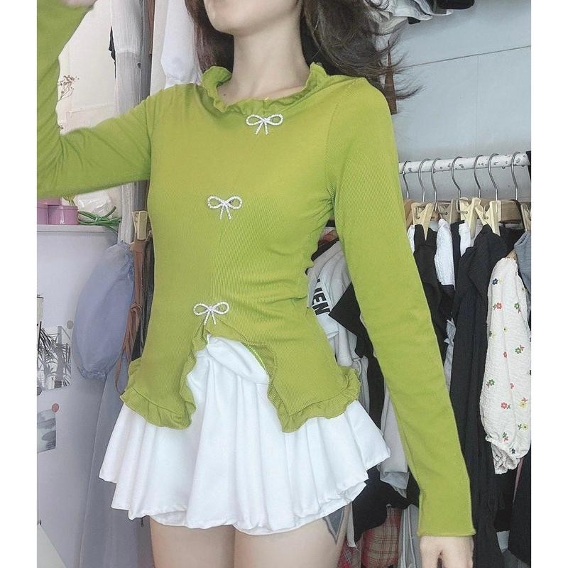 Áo thun nữ cổ lệch tà xéo phối nơ xinh xắn tay dài tiểu thư viền bèo Cổ Tròn