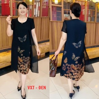 Váy trung niên cho mẹ , Đầm tặng mẹ , ĐXT- ĐEN , đi chơi dự tiệc sang trọng cao cấp chất liệu thun co giãn 4 chiều