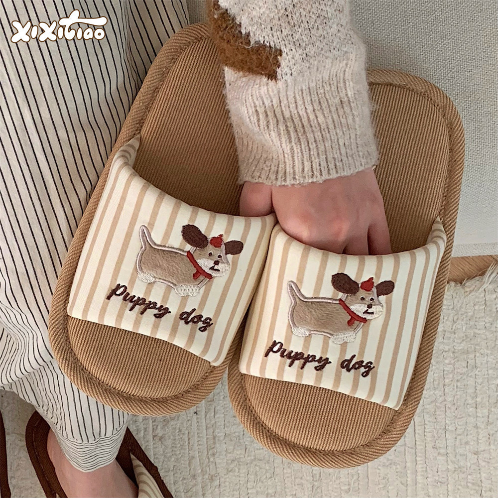 Xixitiao Cotton Lanh Dép Nam Nữ Bốn Mùa Chó Con Dễ Thương Thời Trang Nhà
