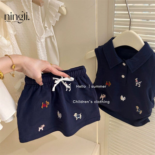 Trang phục mùa hè cho bé gái, bộ hai mảnh phong cách đại học mới, áo vest cổ polo và chân váy
