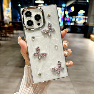Ốp vuông cho iPhone 16 15 14 13 11 12 Pro Max, thời trang sang trọng, mạ điện, keo giọt, bướm, chống sốc