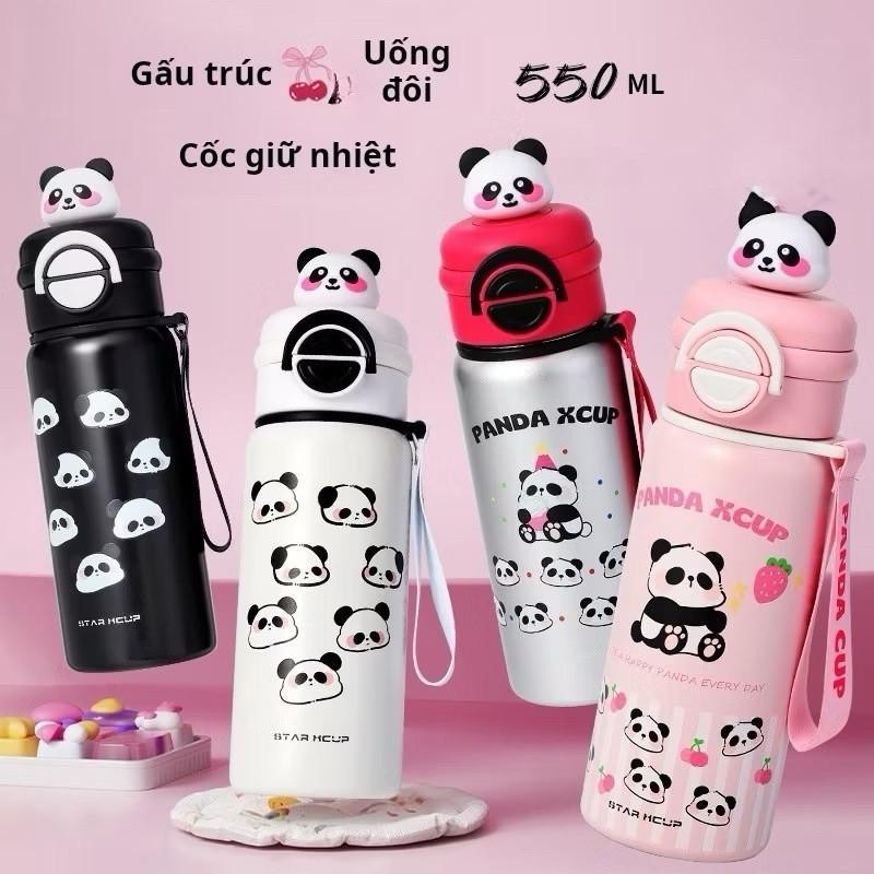 Bình Nước Giữ Nhiệt 550ml Gấu Trúc Dễ Thương Hai Ngăn Có Ống Hút Cho Học Sinh mq