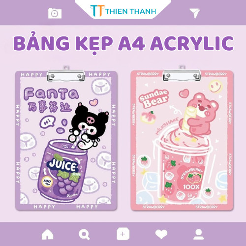Bảng kẹp tài liệu trong suốt A4 bìa cứng, bản kẹp giấy acrylic họa tiết Kuromi dễ thương