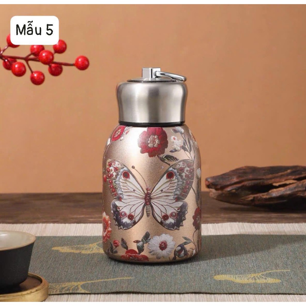 Bình Giữ Nhiệt Inox 316 Mini 300ml Vintage Hoạ Tiết Phong Cách Xứ Hoa Anh Đào Có Quai Xách