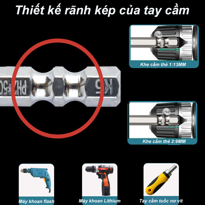 Mũi Chéo PH2 Chống Trượt K5 -Đầu Lô Thép Hợp Kim Chống Va Đập,1 Mũi chéo, chân lục giác ngắn 6.35mm