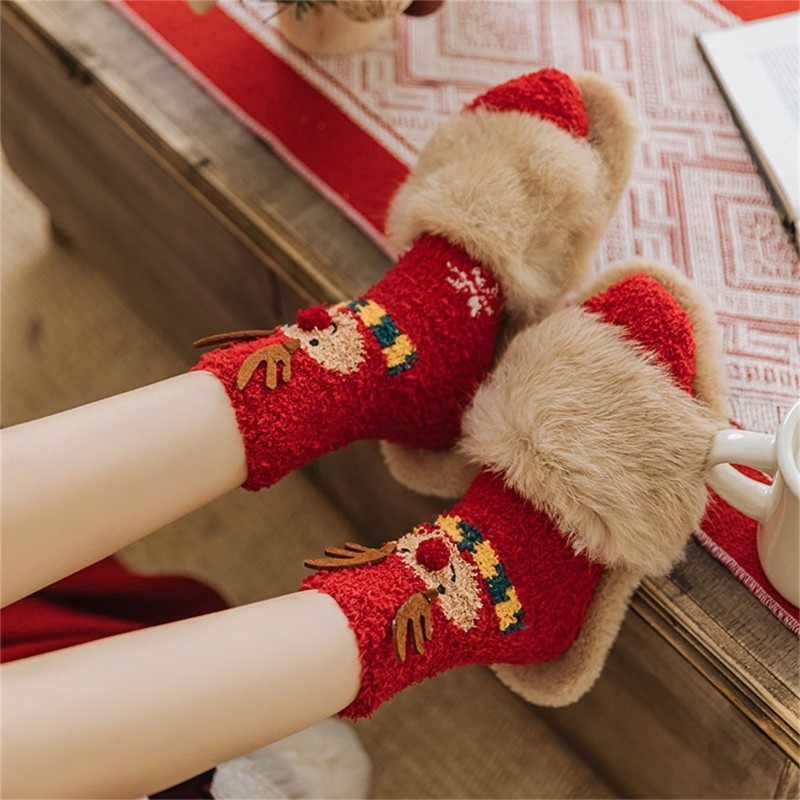 YIOI Ngày Lễ Theo Chủ Đề San Hô Lông Cừu Tầng Tất Cho Ấm Áp Mặc Nhà Unisex Giáng Sinh Họa Tiết Hoạt Hình Fuzzy Dép Tất Hồ
