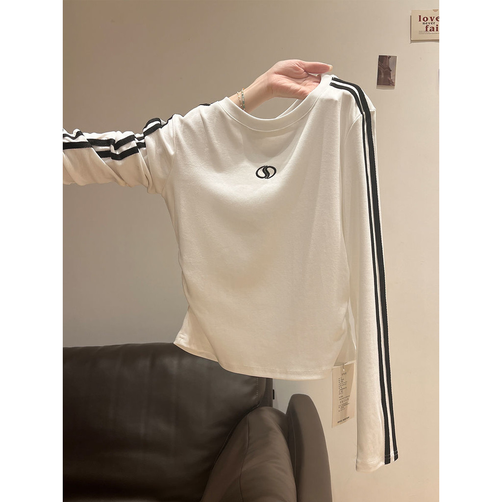 Áo phông dài tay thiết kế phối màu tương phản xanh navy Milyfashion áo mặc trong tôn dáng gầy chít eo xếp ly đầu thu cho nữ áo khí chất