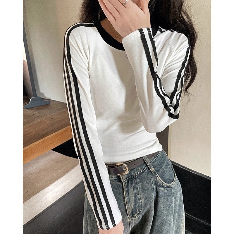 Milyfashion  Dralon American Striped Shoulder Long Sleeve Red T T-shirt round Neck Early Autumn Slim-Fitting New Bottoming Hot Girl Short Top