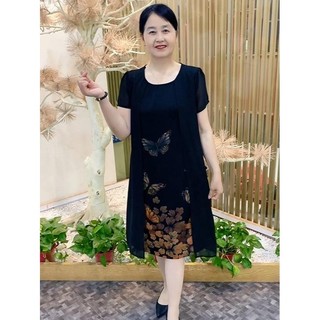 Váy trung niên cho mẹ , Đầm tặng mẹ , ĐXT- ĐEN , đi chơi dự tiệc sang trọng cao cấp chất liệu thun co giãn 4 chiều