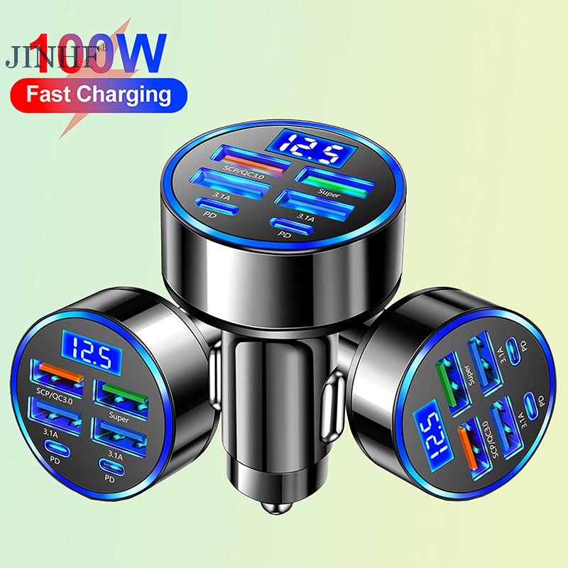 Jinhf 100W 6 cổng USB Type-C Bộ sạc ô tô có màn hình điện áp PD Bộ chuyển đổi nguồn sạc nhanh cho Iphone Android Điện thoại thông minh Máy tính bảng HOT