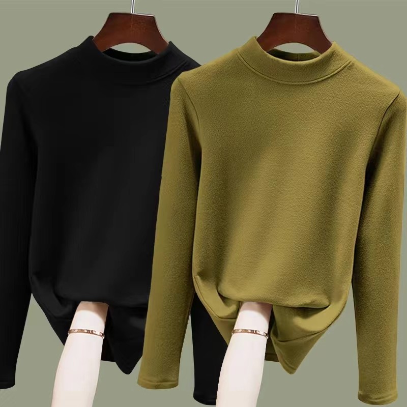 Áo giữ ấm áo cổ giữa áo thun dài tay lót nhung dày dặn áo mặc trong lót nhung hai mặt thu đông phối bên trong giữ ấm
