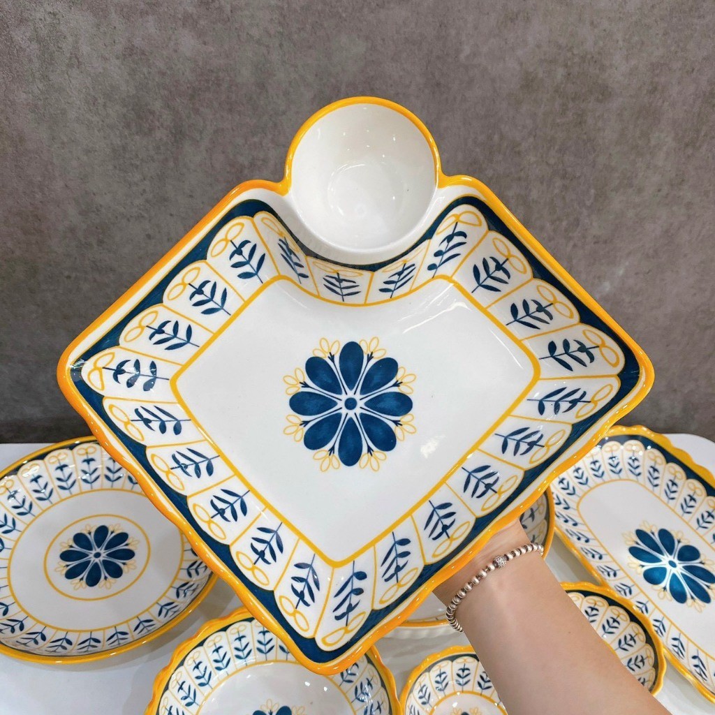 Tách Lẻ Bộ Bát Đĩa Thổ Cẩm  Hoa Xanh Viền Vàng Nhật Bản Men Sáng Mịn Hàng Đẹp