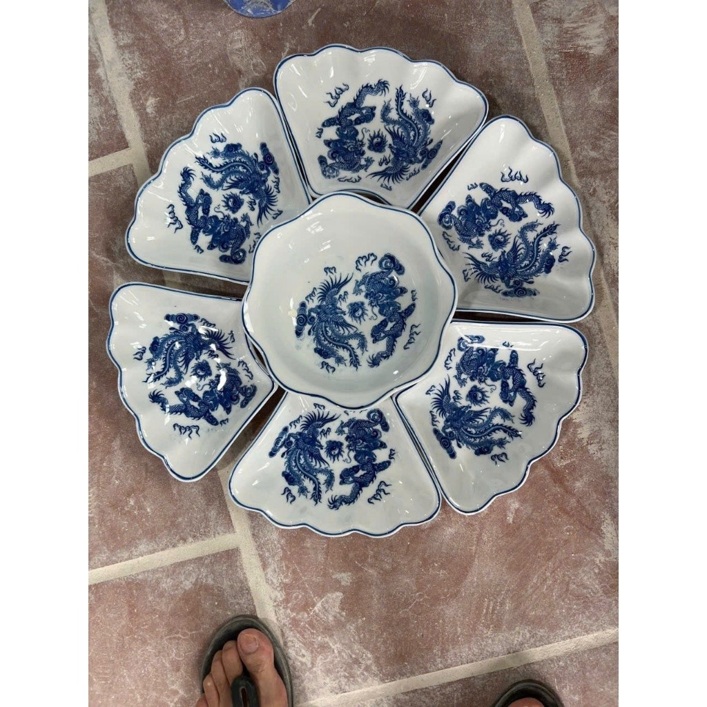 Bộ bát đĩa mặt trời HỌA TIẾT RỒNG .Minh châu 7 món hàng loại 1 đẹp dày dặn, Set bát đĩa 7 món thắp hương thờ cúng