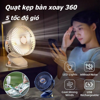 Quạt kẹp bàn xoay 360,Sạc Type C + Có đèn,Quạt tích điện mini để bàn,5 cấp độ điều chỉnh tốc độ gió