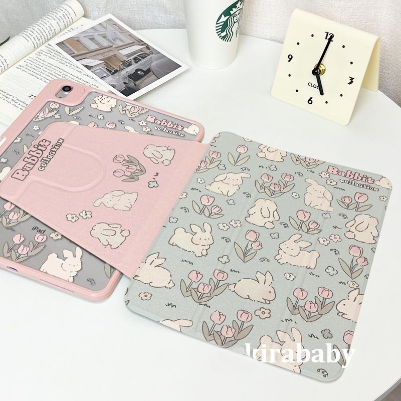 Ốp Lưng Máy Tính Bảng Cho iPad2024air6 Pro11Air3 / 4 / 5 10.9gen10th2022Mini4 / 5 / 67.9 8.3Air1 / 2 9.7gen7gen8gen9 10.2Cartoon tulip Thỏ Xoay 360 Độ Vỏ Bảo Vệ Acrylic Chống Uốn