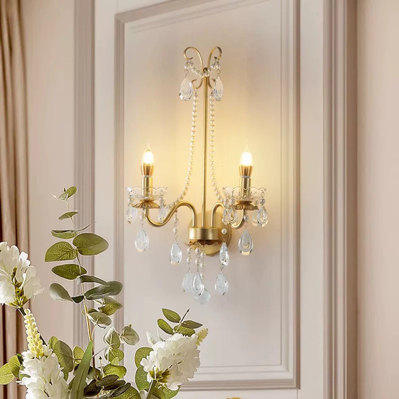 Phong Cách Trung Cổ Giả Nến Kim Loại Sconce, Đèn Tường Pha Lê Sáng Tạo, Phòng Ngủ Phòng Khách Cầu Thang Đèn Trang Trí