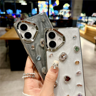 Ốp vuông cho iPhone 16 15 14 13 11 12 Pro Max thời trang mạ điện hình giọt nước keo đá quý chống sốc