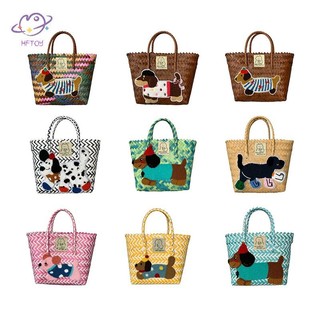 Hftoy Retro Sọc Dachshund Cho Chó Túi Dệt Hợp Thời Trang Dễ Thương Túi Tote Dung Tích Lớn Tay Cầm Tre Thời Trang Túi Giỏ Rau ~