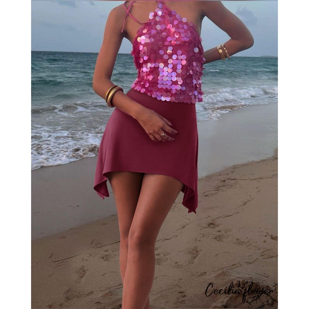 Áo Tank Nữ Sequins Buộc Dây Cổ Áo Vest Mùa Hè Không Tay Áo Dạo Phố