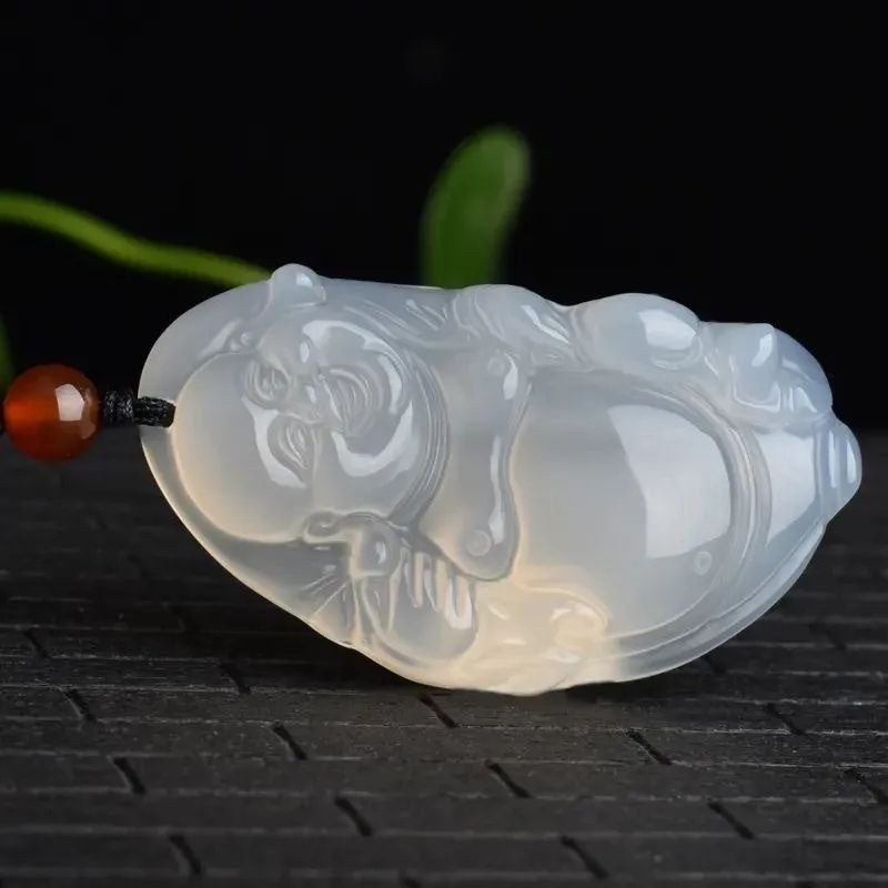 Mã Não Tự Nhiên Băng Trắng Chalcedony Túi Vải Phật Mặt Dây Chuyền Nữ Phong Cách Áo Len Dây Chuyền Mặt Dây Chuyền