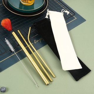 Bộ 4 ống hút bằng thép không gỉ màu mạ titan, ống hút kim loại cho trà sữa và nước ép