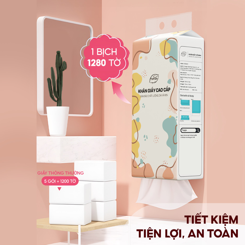 Thùng 6 bịch khăn giấy rút Top Gia treo tường đa sắc 1280 tờ, được dập vân 4D, siêu dai và mềm mịn