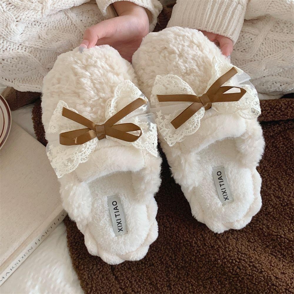 Dép sang trọng JKDESIGN, Dép Cotton ấm áp mùa đông nơ, Babouche sang trọng chống trượt mềm mại