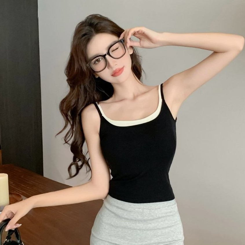 Mùa hè cổ điển hot girl Y2K nữ crop top giản dị chắp vá không tay thời trang đa năng áo vest yếm