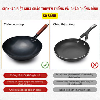 Chảo Thép Chống Dính Chiên Xào Bunnies Chảo Thép Tôi Sẵn Carbon Chịu Nhiệt Cao Không Rỉ Cán Gỗ Sồi Cao Cấp 3 Kích Cỡ