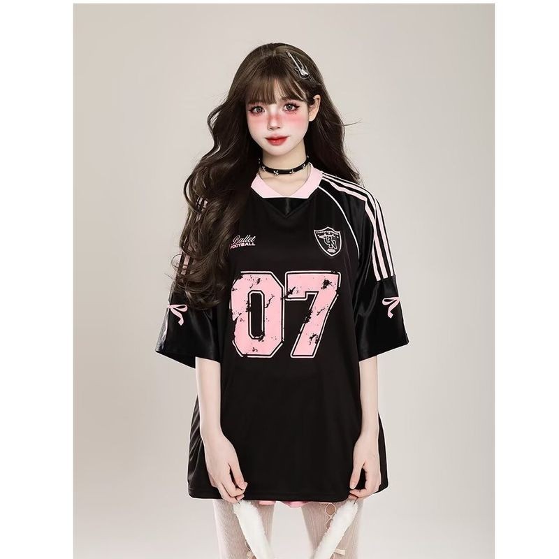 ThaliaWisp Áo Thun Nam Mỹ Retro Khâu In Hình Mùa Hè Phong Cách Thể Thao Rời Cổ Chữ V Jersey