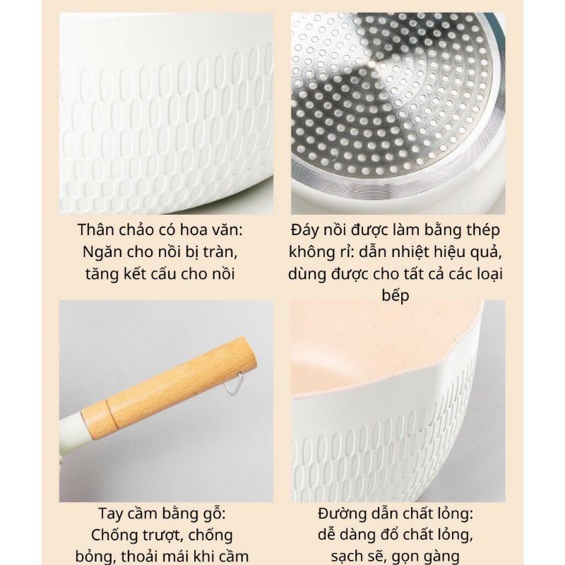 Chảo đá đáy từ chống dính sâu lòng đa năng tay cầm gỗ dài Pastel - Chảo chống dính lúa mạch bếp từ 18cm xinh xắn