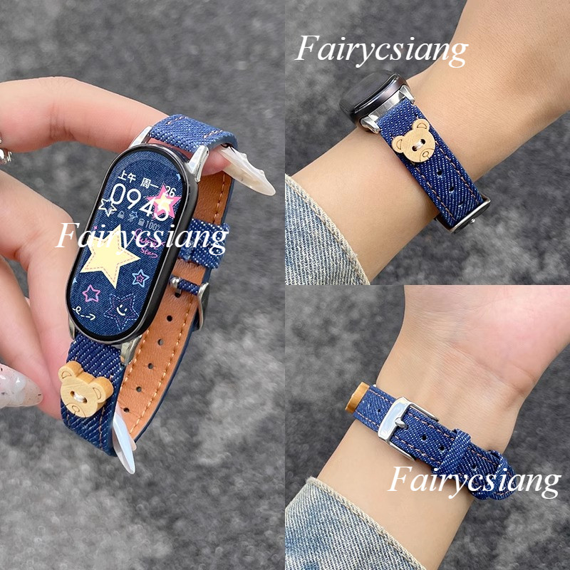 Gấu Nhỏ Denim Dây Đeo Cho Mi Band 10 9 8 7 6 5 4 3 Phụ Kiện Vòng Tay Cao Bồi Cho Xiaomi Band 9 8 Dây Đeo Tay