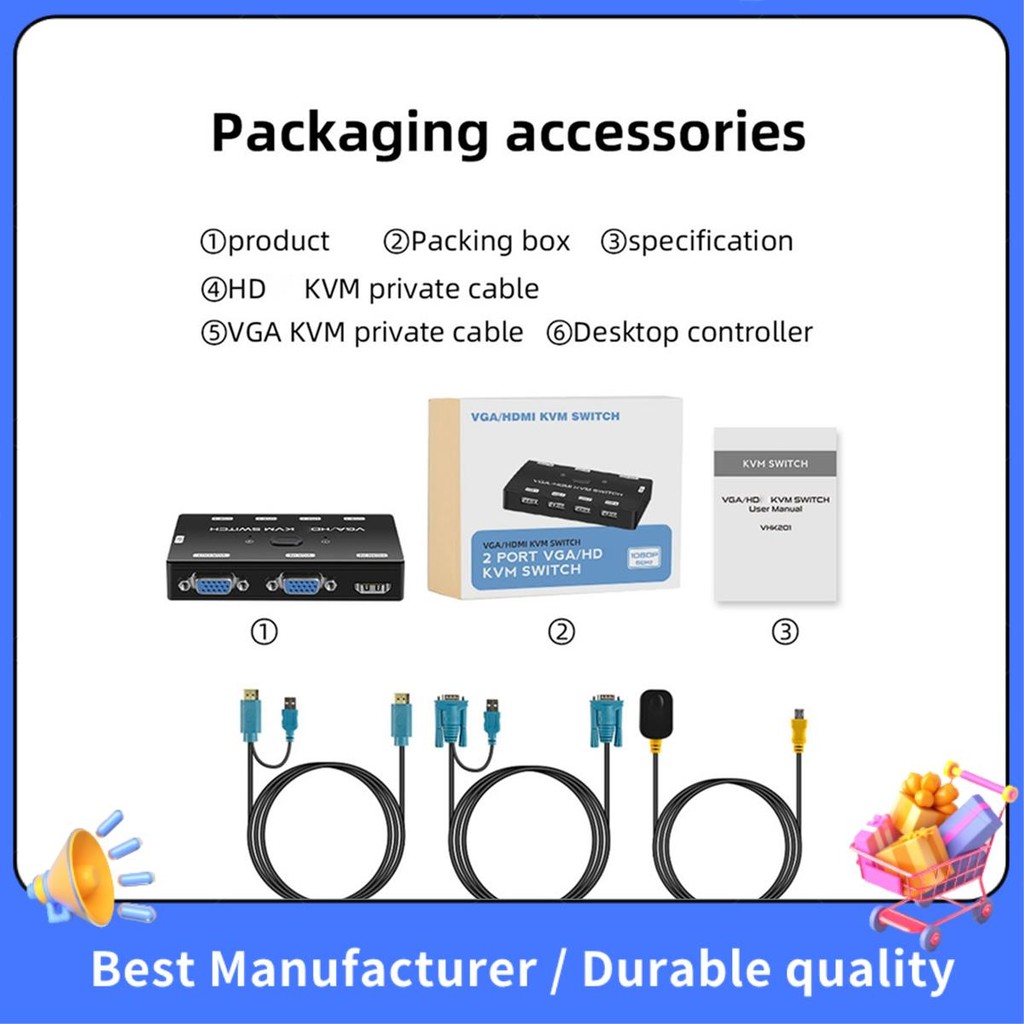 KVM Switch VGA + -Công tắc KVM 1080P tương thích với cổng USB 2.0 cho 2 máy chủ Chuột chia sẻ Màn hình Keyboad Dễ sử dụng
