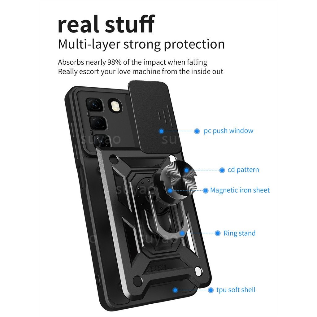 Ốp điện thoại cho Realme 14X 5G 2025, có giá đỡ nhẫn, ốp bảo vệ camera trượt đẩy kéo, chống sốc, viền mềm, vỏ PC cứng phía sau