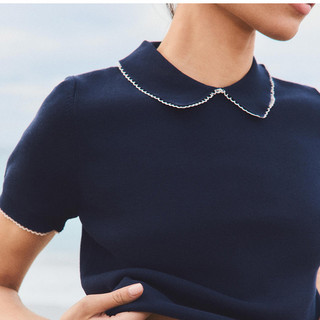 Áo Sơ mi Zara made in Morocco dệt kim xanh cổ viền lé trắng - nữ