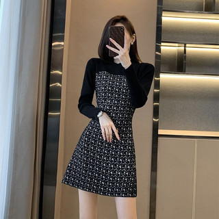 Mùa Xuân Thu Phong Cách Mới Pháp Cao Cấp Nhỏ Đầm Đen Nữ Niche Thiết Kế Giả Hai Mảnh Dệt Kim Váy