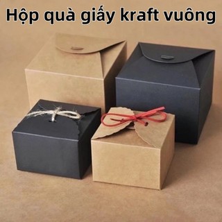 Hộp quà  kraft vuông mini nắp cài thắt nơ Vintage kèm rơm lót, hộp giấy kraft SUNND
