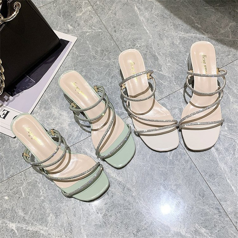 🔥Còn hàng🔥Giày sandal nữ cao gót mũi vuông xanh lá cây, trắng và đen（cỡ 37-40）