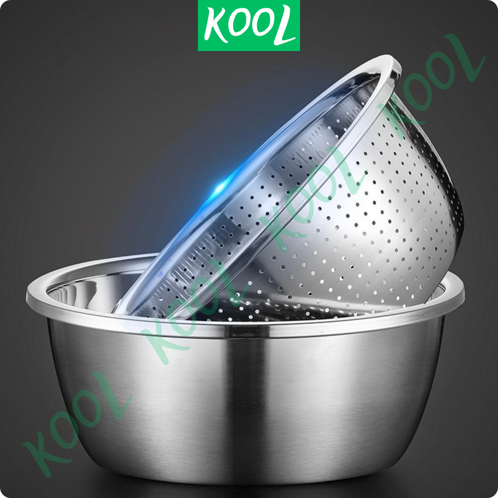 Thau rổ inox đa năng KOOL RB21124 chậu rổ inox, thau trộn rửa rau nhiều size