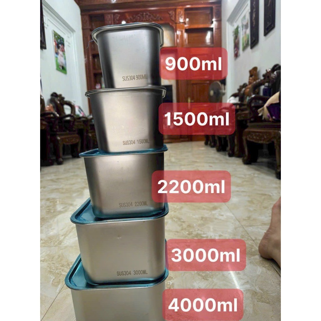 Hộp đựng thực phẩm Inox 304 nắp INOX  có các dung tích 0.9L , 1.5L, 2.2L , 3L , 4L