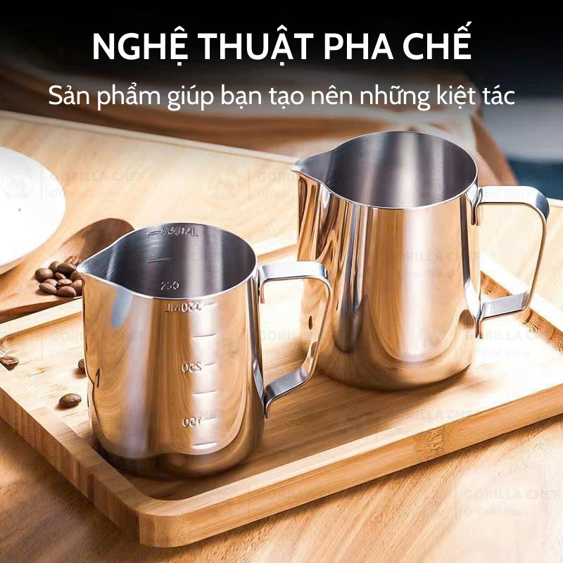 Ca đánh sữa latte art inox 304 có chia vạch 2 mặt, dung tích chuẩn không làm tròn