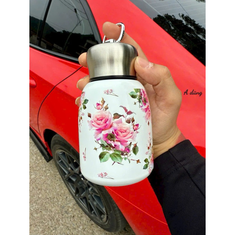 BÌNH GIỮ NHIỆT INOX MINI 300ML , CÓ QUAI XÁCH HỌA TIẾT HOA VINTAGE