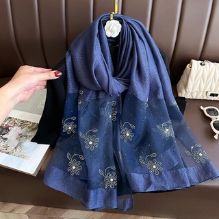 Phiên Bản Hàn Quốc Thu Đông Phù Hợp Với Mô Phỏng Lụa Pha Trộn Khăn Lụa Nữ Nóng Khoan Cao Cấp Đính Hạt Bên Ngoài Khăn Choàng Mỏng Dài Khăn