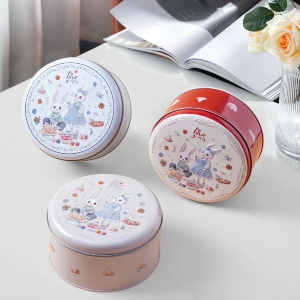 Hộp thiếc bánh quy GOODH, Hộp đựng kẹo kẹo hình thỏ hoạt hình tròn, Hộp đựng quà tặng rỗng bằng kim loại đa chức năng dễ thương Đóng gói đường đóng gói