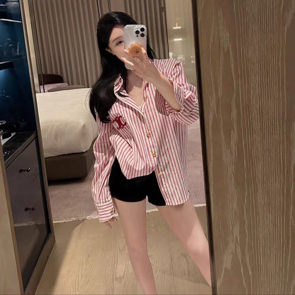Áo Sơ Mi Kẻ In Chữ GC Ce Lin KCloset SoMi Chất Cotton Dáng Rộng Dày Dặn Nữ Tính NVA284