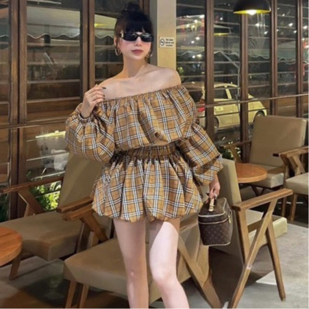 Set Áo Sơ Mi Trễ Vai BBR Mix Chân Váy Dáng Ớt Chuông Chất Cotton Mềm Mịn NA217