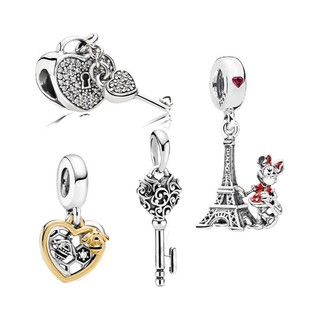 Mặt dây chuyền hình tháp Eiffel chuột Mickey Chìa Khóa Móc tự làm quyến rũ S925 mạ bạc